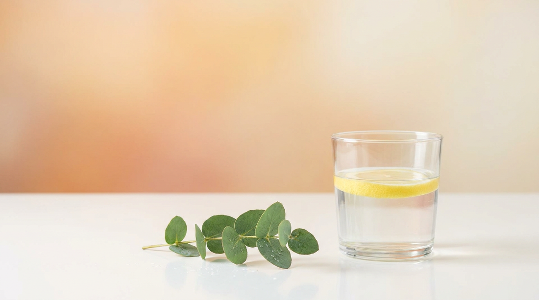 Glass of water with lemon and a botanical sprig suggesting balance