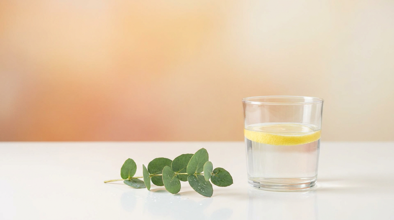 Glass of water with lemon and a botanical sprig suggesting balance