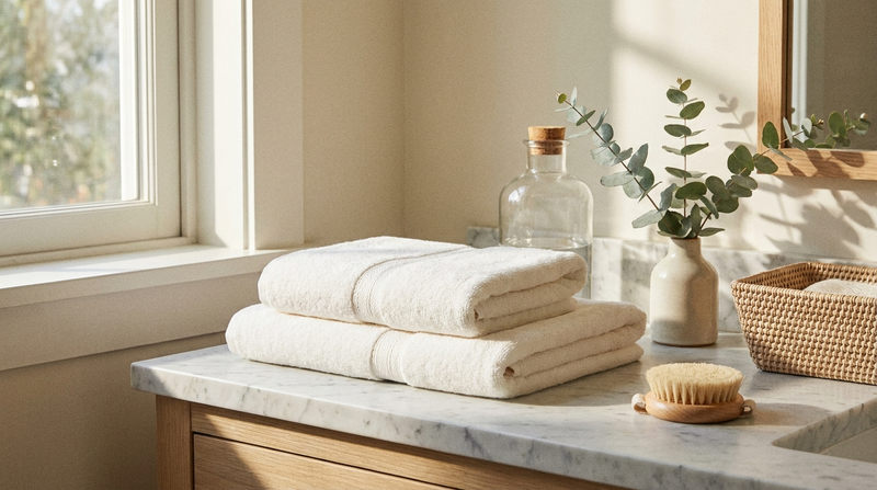 Fresh cotton towels and eucalyptus on a bright vanity