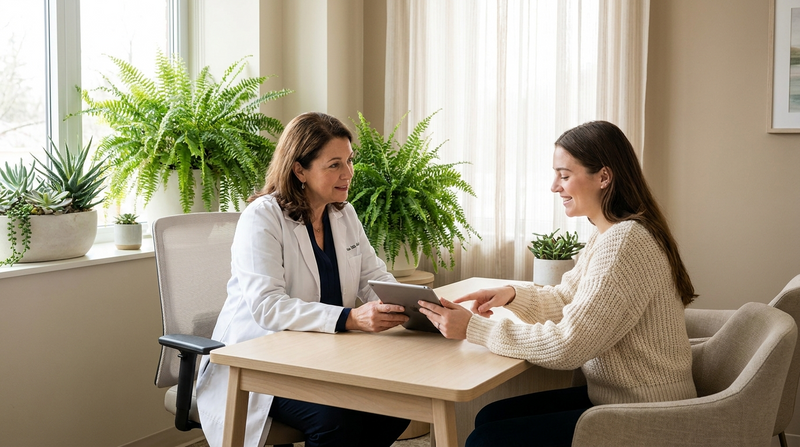 A woman having a friendly consultation with a female doctor