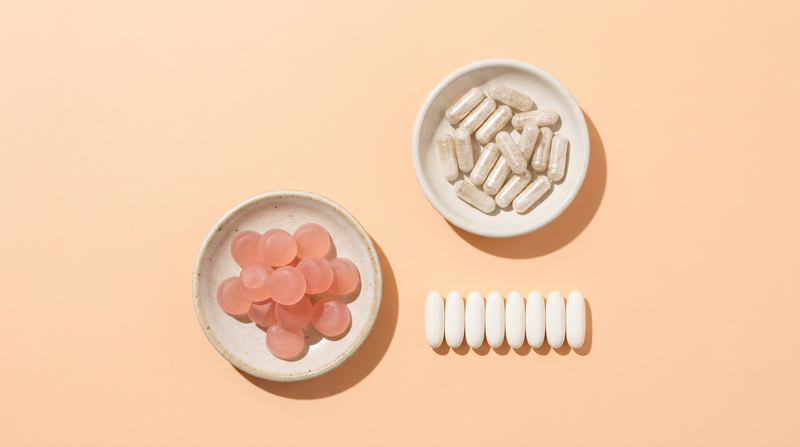 Comparison flat lay of gummies, capsules and softgels