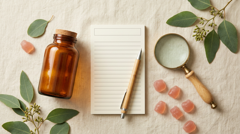 Supplement bottle with a checklist and magnifying glass