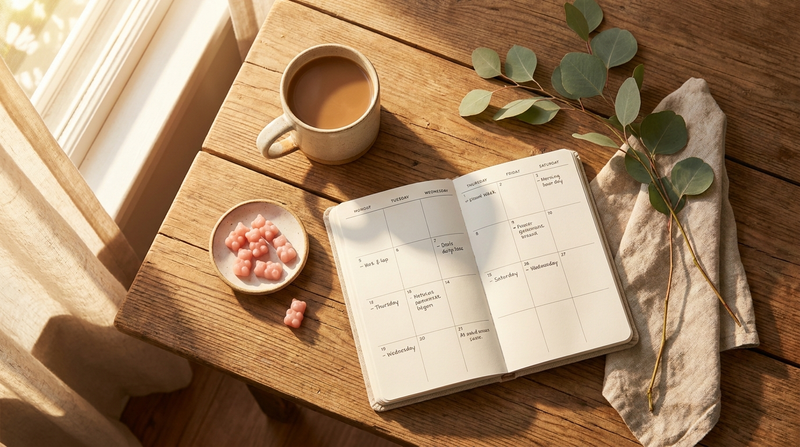 Morning routine with coffee, calendar and gummies