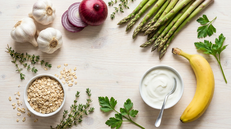 Prebiotic foods flat lay: garlic, onion, banana, oats, asparagus