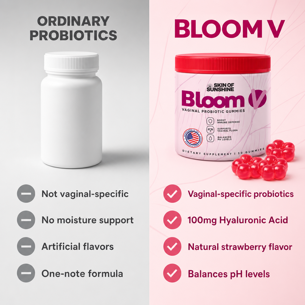 Ordinary probiotics vs Bloom V — vaginal-specific probiotics, 100mg hyaluronic acid, natural strawberry flavor, balances pH levels