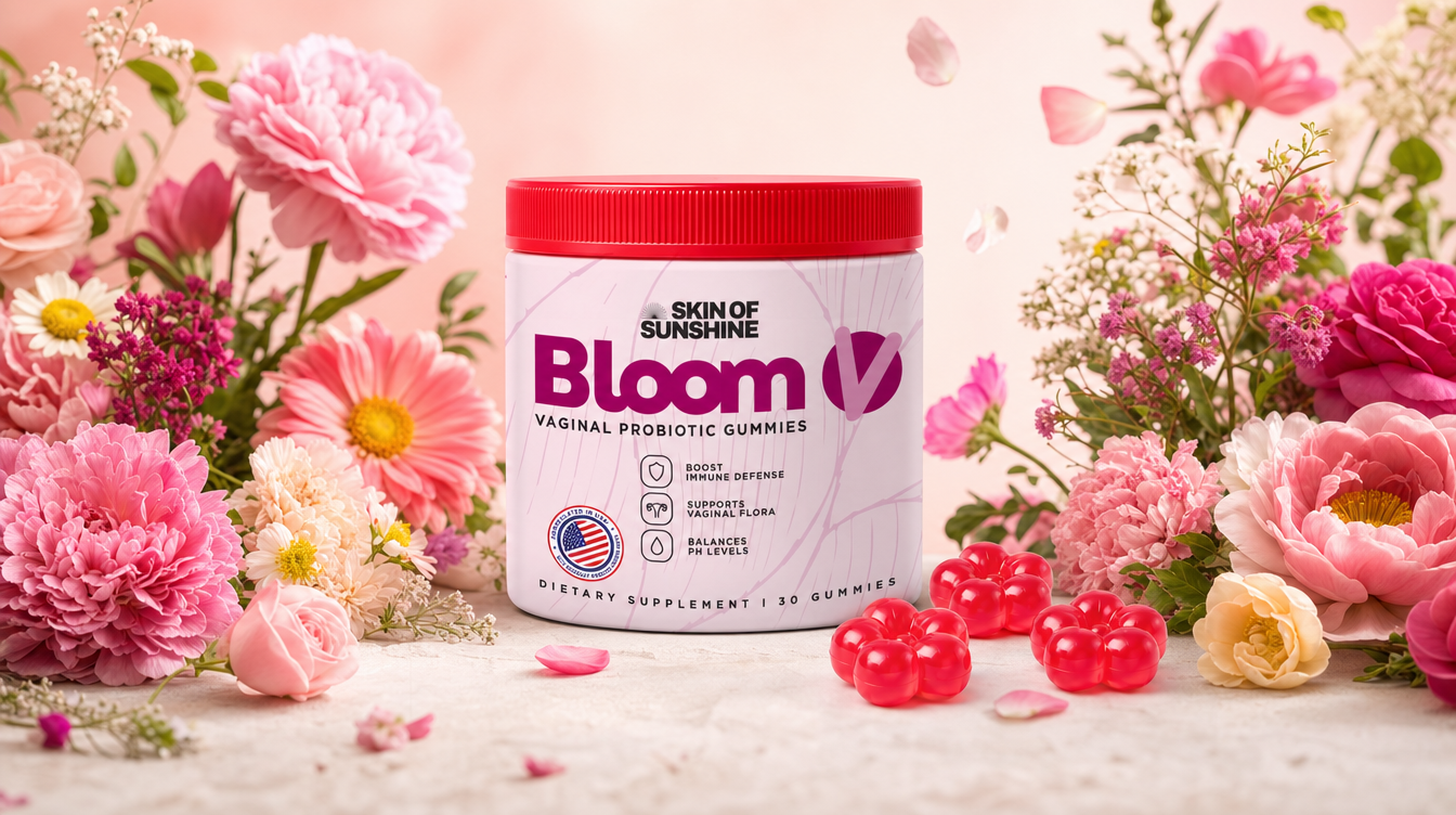 Bloom V strawberry probiotic gummies jar with blooming florals